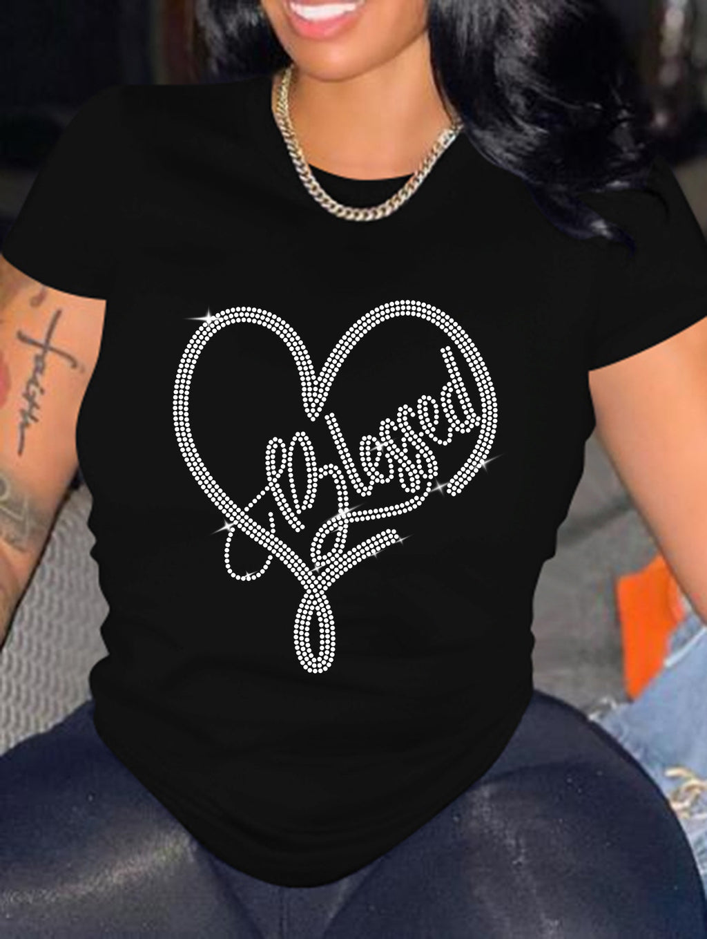 Rhinestone Round Neck T-shirt