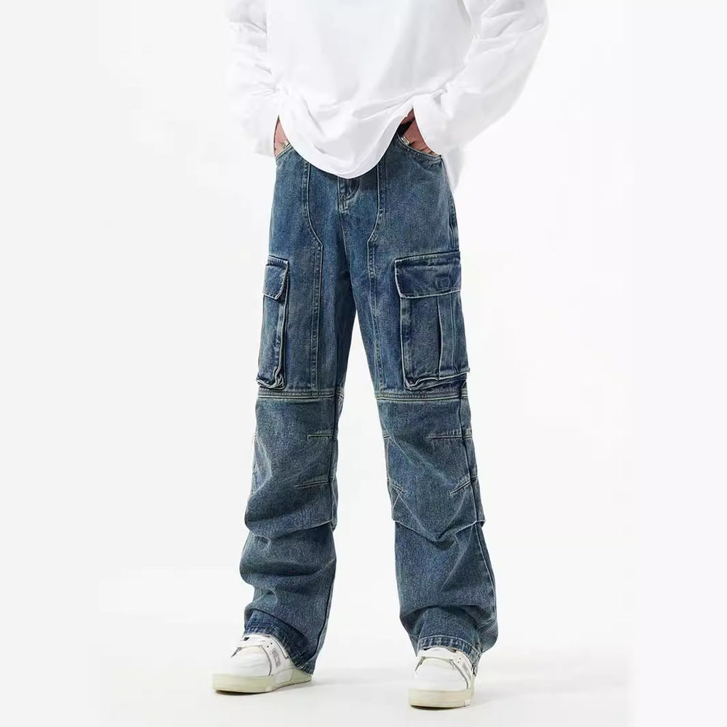 Washed Distressed Multi-pocket Jeans Wide-leg Straight Trousers