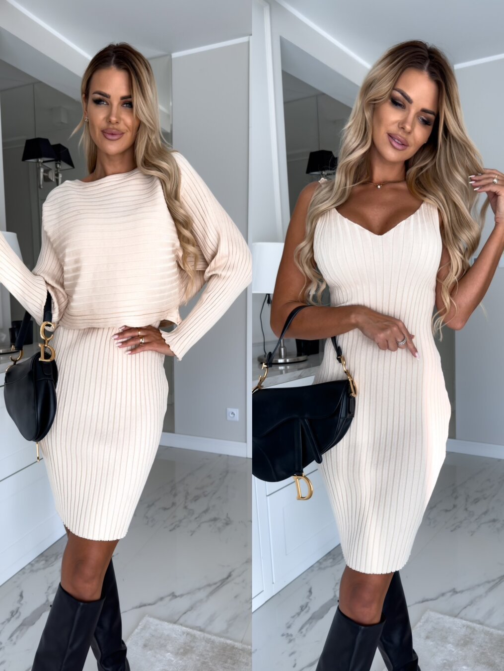 2pcs Suit Women's Solid Stripe Long-sleeved Top And Tight Suspender Skirt Fashion Autumn Winter Slim Clothing - Urban Stylez Outlet 