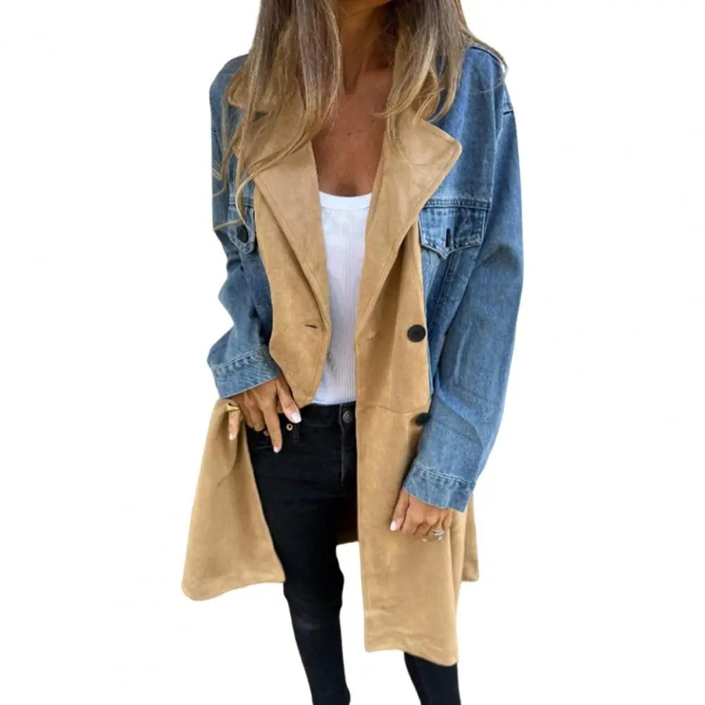 Women's Suit Collar Denim Stitching Mid-length Coat