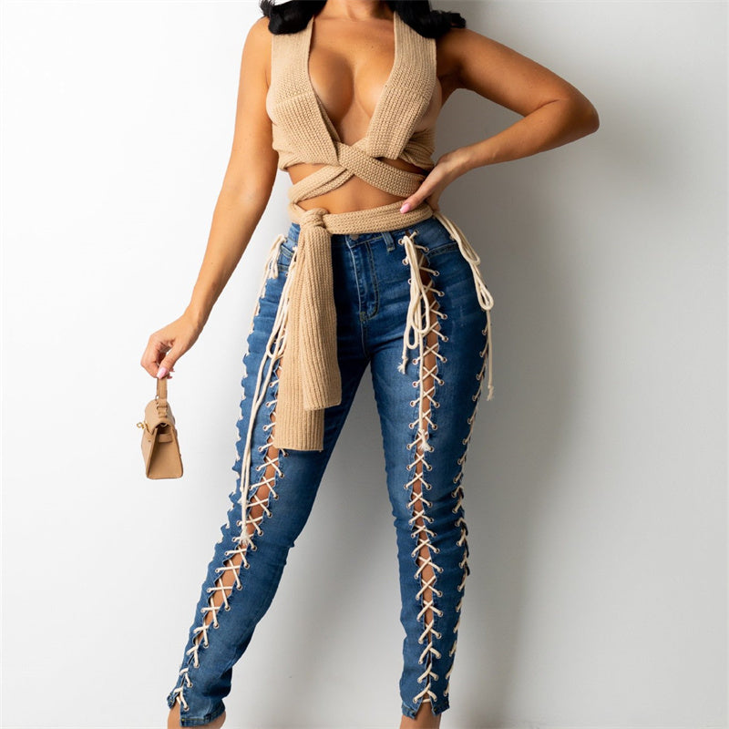 Women's Fashion Wear Rope Elastic Slim Fit Denim Pants