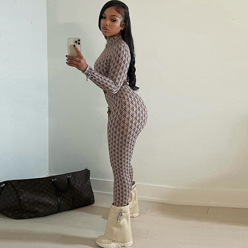 Printed Street Round Neck Long Sleeve Fitness Jumpsuit