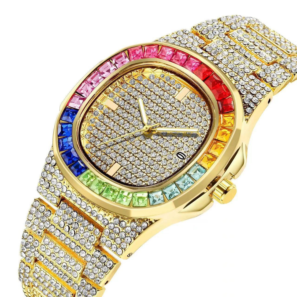 Full Diamond Inlaid Color Diamond Steel Belt Square Belt Calendar Quartz Wrist Watch