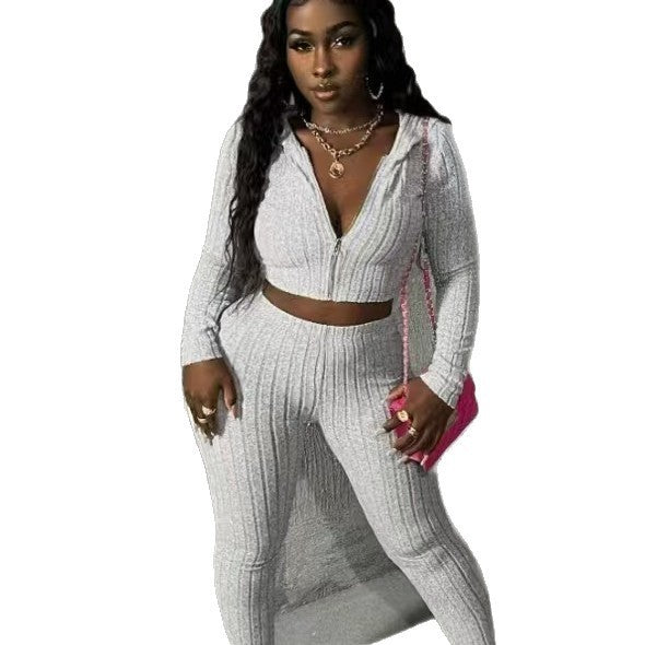 Casual Solid Color Knitted Long-sleeved Two-piece Set