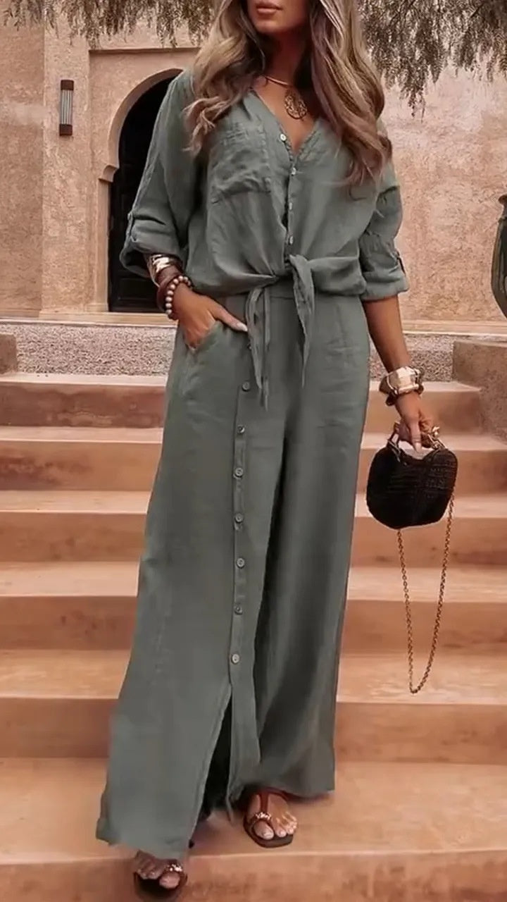 Women's Long Hem Breasted Solid Color Long Sleeve Cotton And Linen Suit