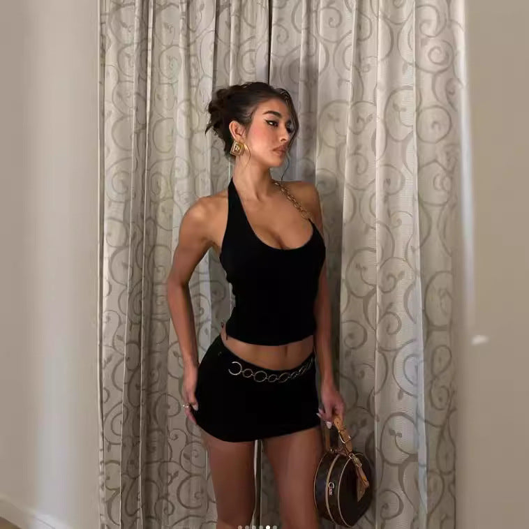 Iron Chain Halter Wrapped Chest Ultra Short Skirt Outfit